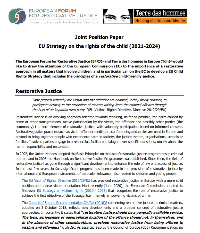 Joint Position Paper EU Strategy on the Rights of the Child (2021-2024)