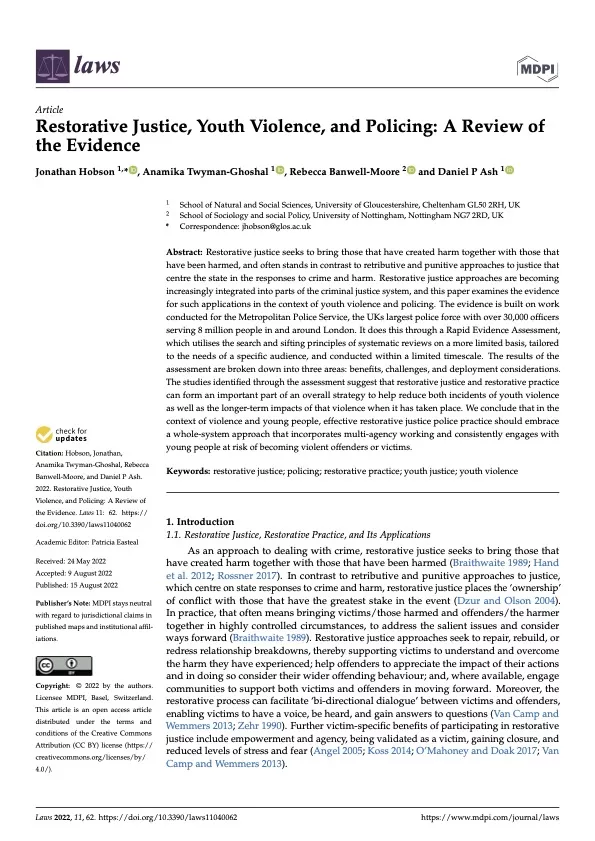 Restorative Justice, Youth Violence, and Policing: A Review of the Evidence