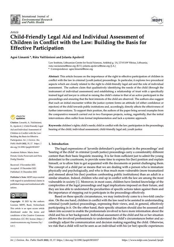 Child-Friendly Legal Aid and Individual Assessment of Children in Conflict with the Law: Building the Basis for Effective Participation